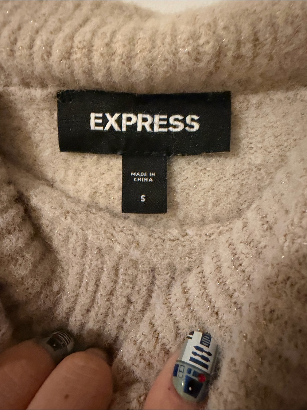 Express Beige Drawstring Funnel-Neck Pullover - Picture 2 of 3